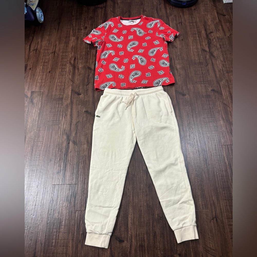 Lacoste Live Bandana Tee in red and Lacoste sweatpants in cream.